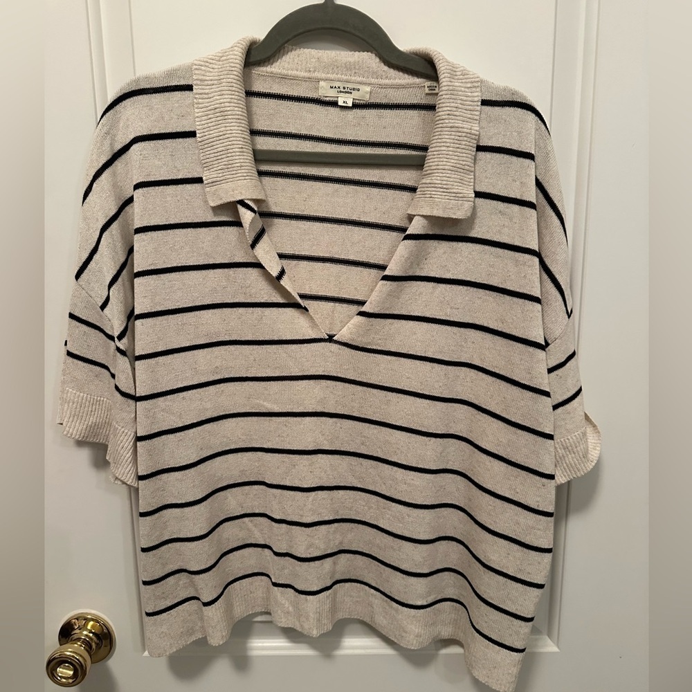 Max Studio Cream and Black Striped V-Neck Shirt